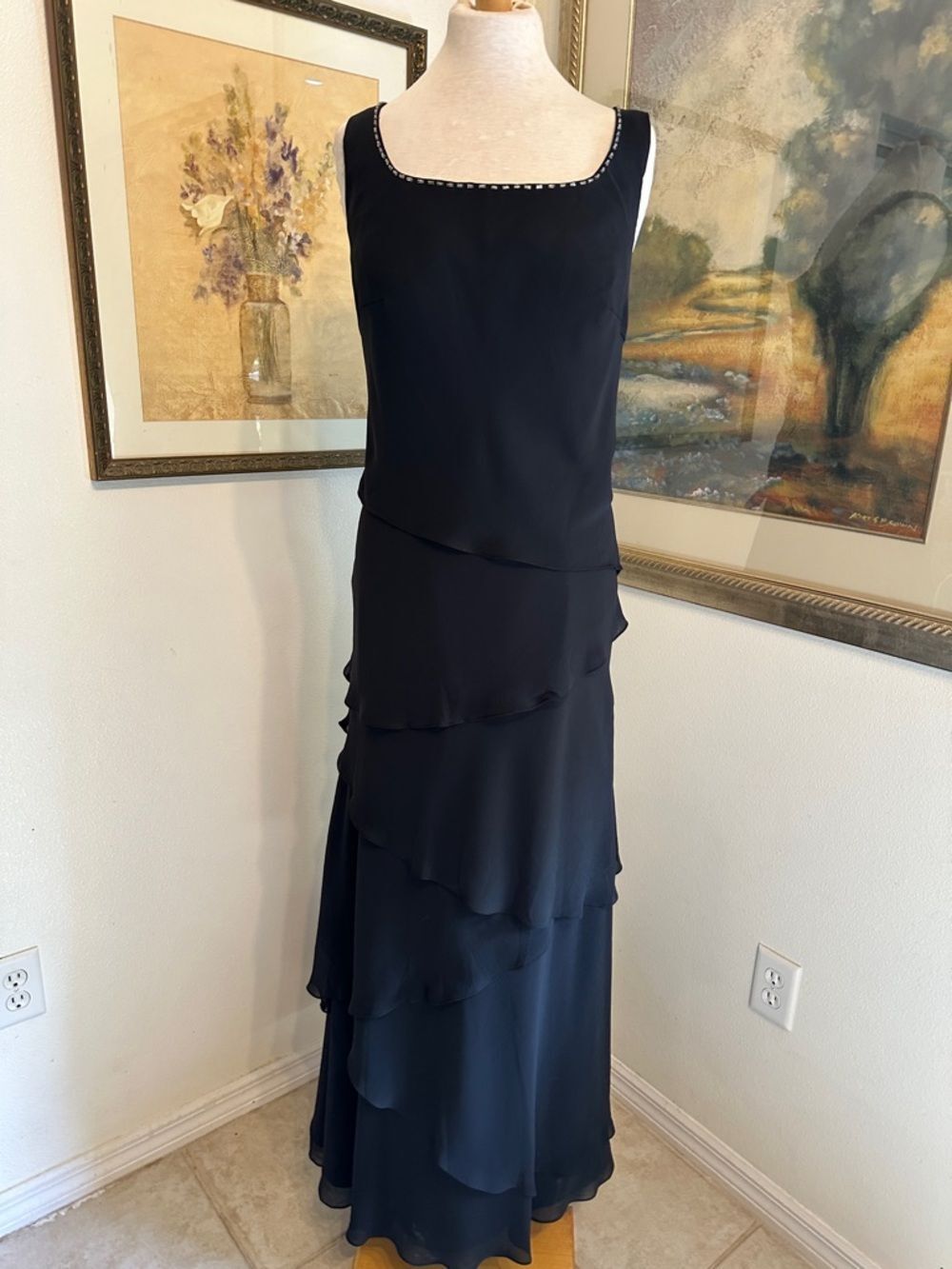 Izilady Elegant Black Tiered Ruffle Evening Gown w/Embellished Neckline Size 16